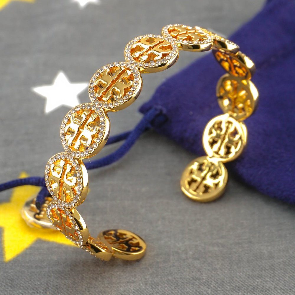 Tory Burch Miller Pave Repeating Logo Crystal Cuff Bracelet Bangle in Tory Gold